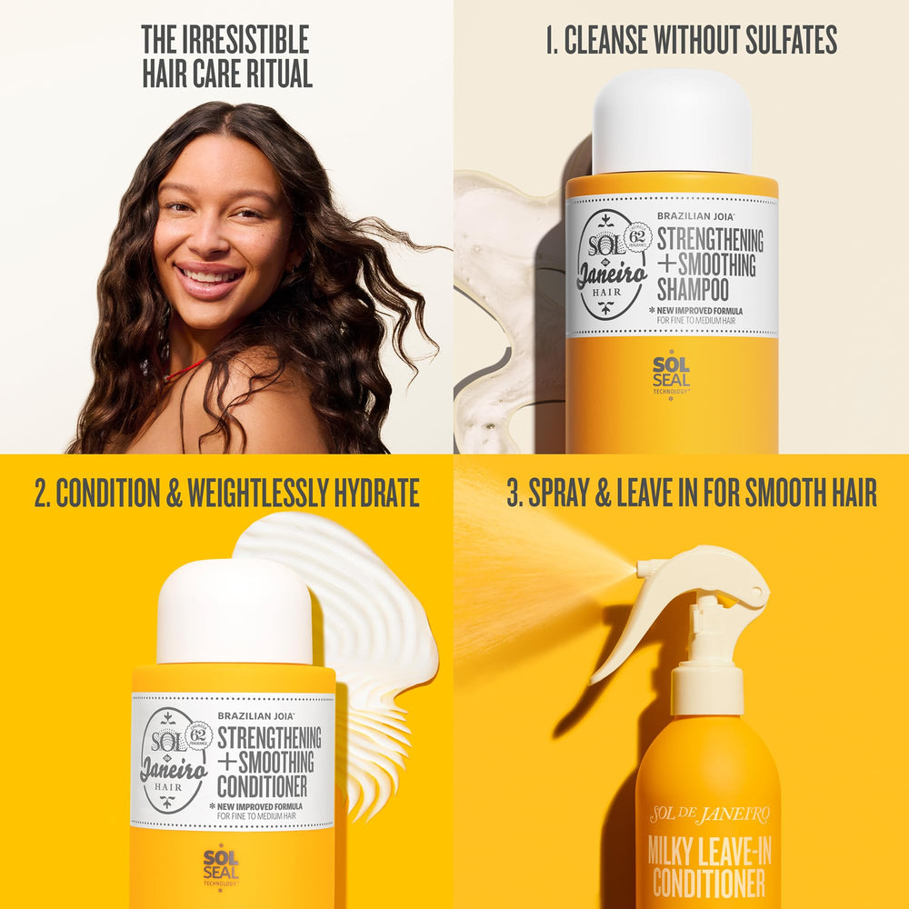 Sol de Janeiro shampoo with conditioner to show strengthened hair benefit
