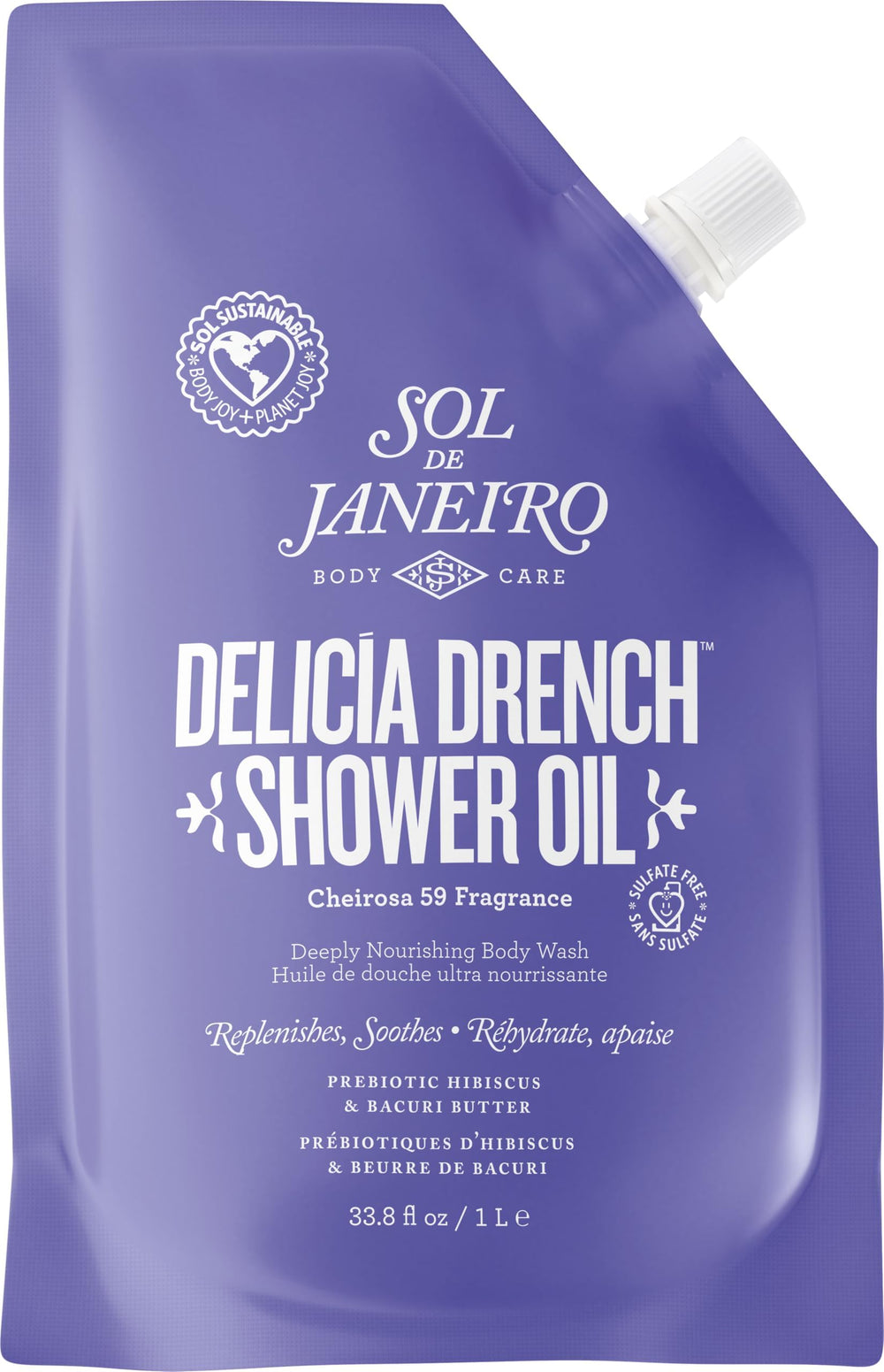 Sol de Janeiro refill pouch front view showing product and size benefit