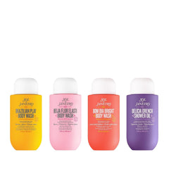 Sol de Janeiro front packaging showing four travel body washes and benefits
