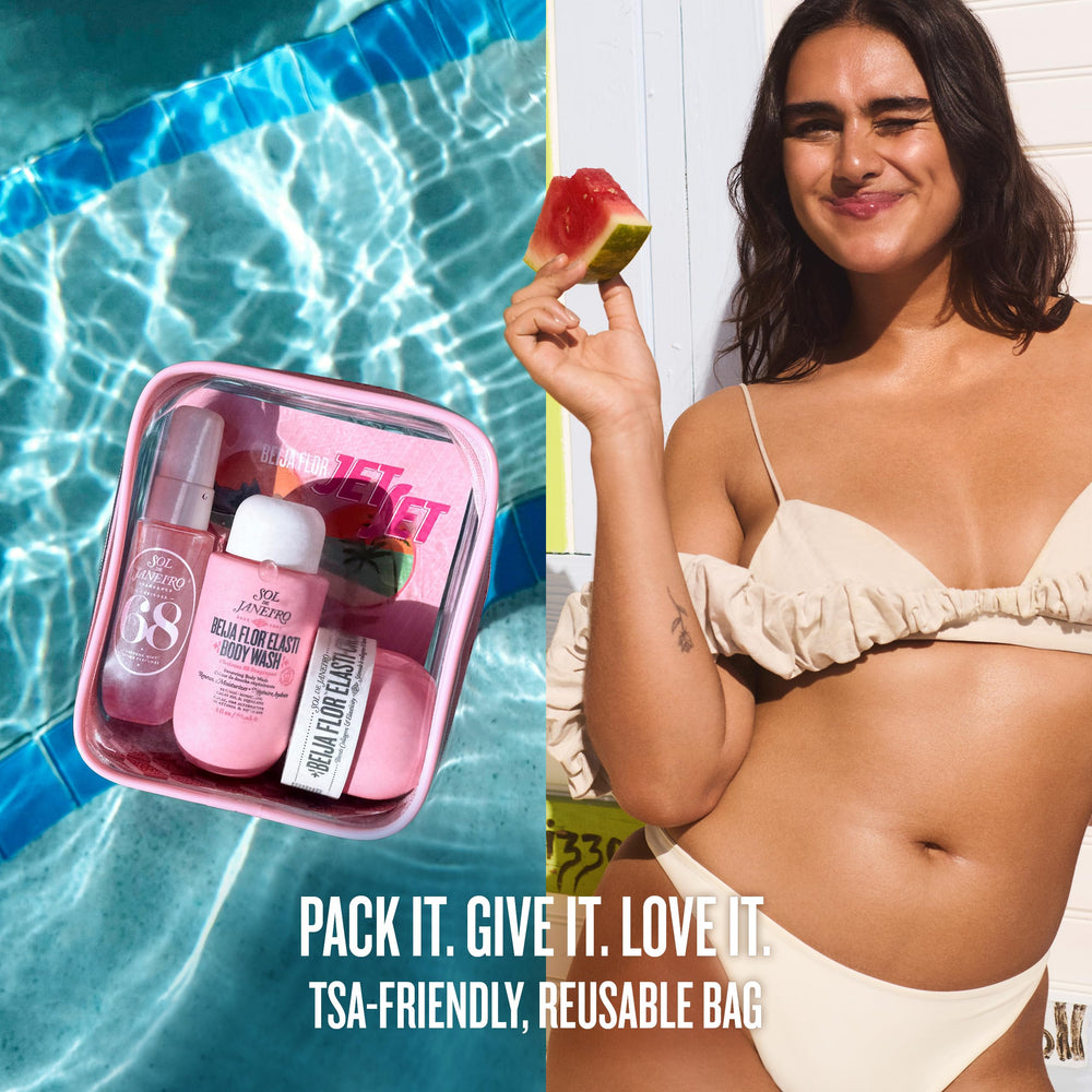 Sol de Janeiro products in a travel shower setting showing easy daily routine on vacation