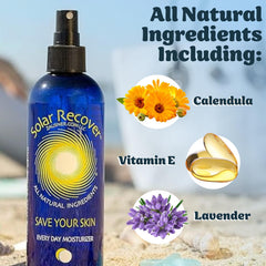 Ingredient label showing calendula and vitamin E on Solar Recover bottle for nourishing benefit
