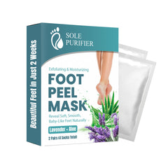 SOLE PURIFIER front packaging showing two foot peel mask packs for smooth feet
