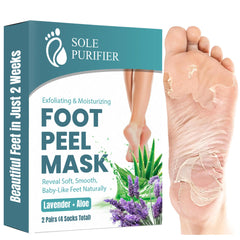 SOLE PURIFIER foot peel in a bathroom spa scene illustrating home treatment