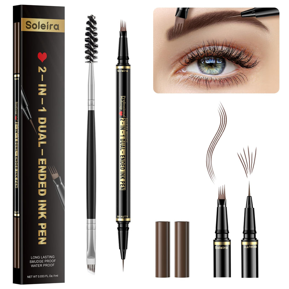 Soleira eyebrow pen front packaging showing dual-ended tool for defined brows and portability