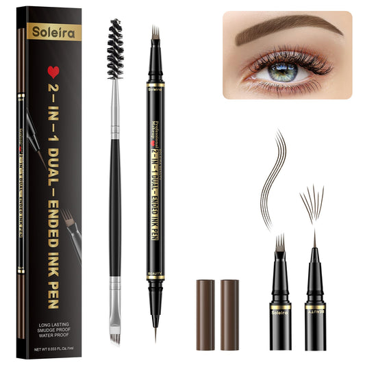 Soleira front packaging showing ash brown eyebrow pen and brush, clear product view