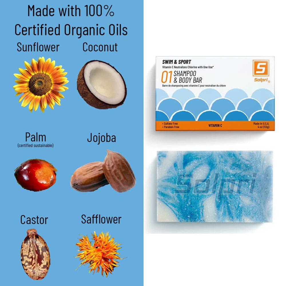Solpri ingredient label displaying vitamin C content and chlorine-neutralizing benefit