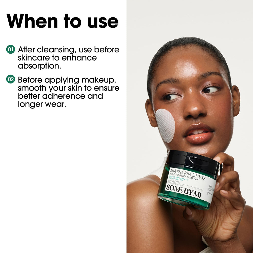 SOME BY MI ingredient label showing AHA BHA PHA and Truecica for clarifying benefits