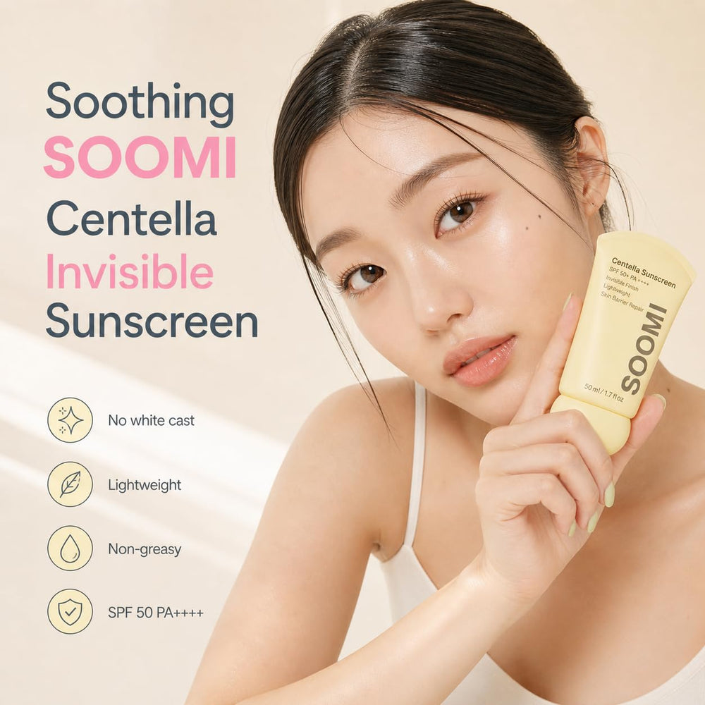 Soomi Skin Centella sunscreen ingredient label close-up highlighting Centella and niacinamide benefits
