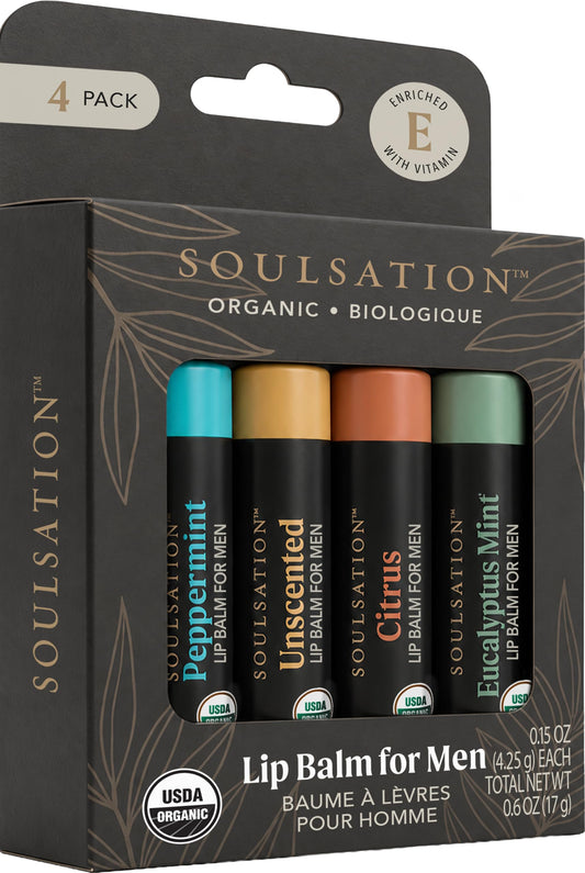 SOULSATION front packaging showing four lip balm tubes and variety benefit