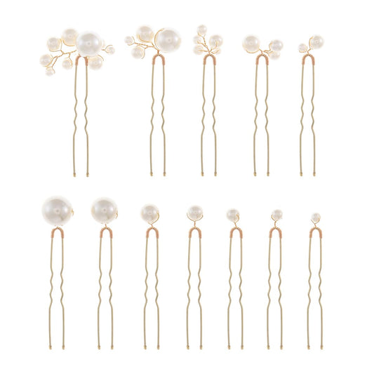 soulshow front view of 12 gold pearl hair pins, elegant set for weddings