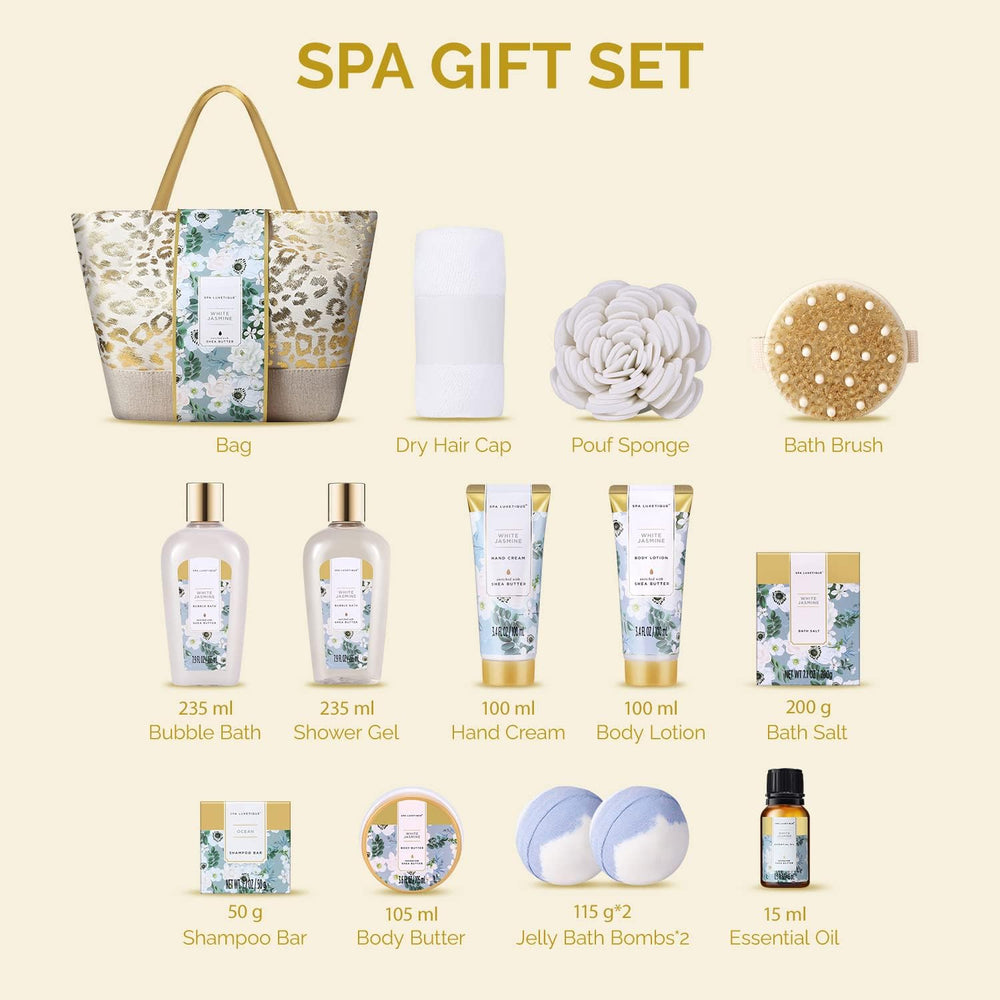 spa luxetique tote bag open with all 15 items displayed, ready to gift