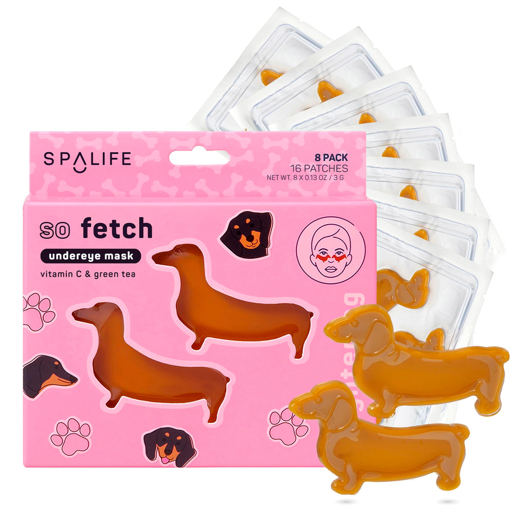 SpaLife front packaging showing dachshund-shaped hydrogel patches and brightening benefits
