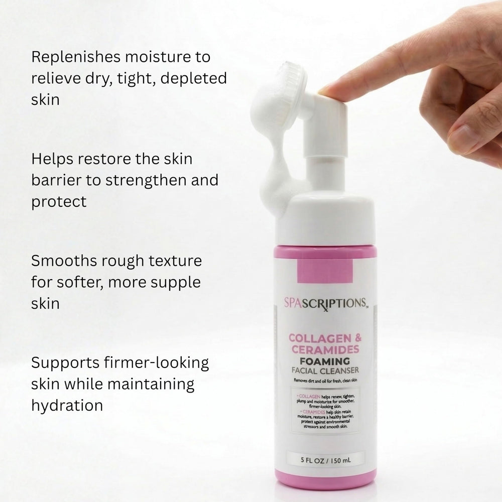 SpaScriptions cleanser being massaged with brush demonstrating easy daily use benefit