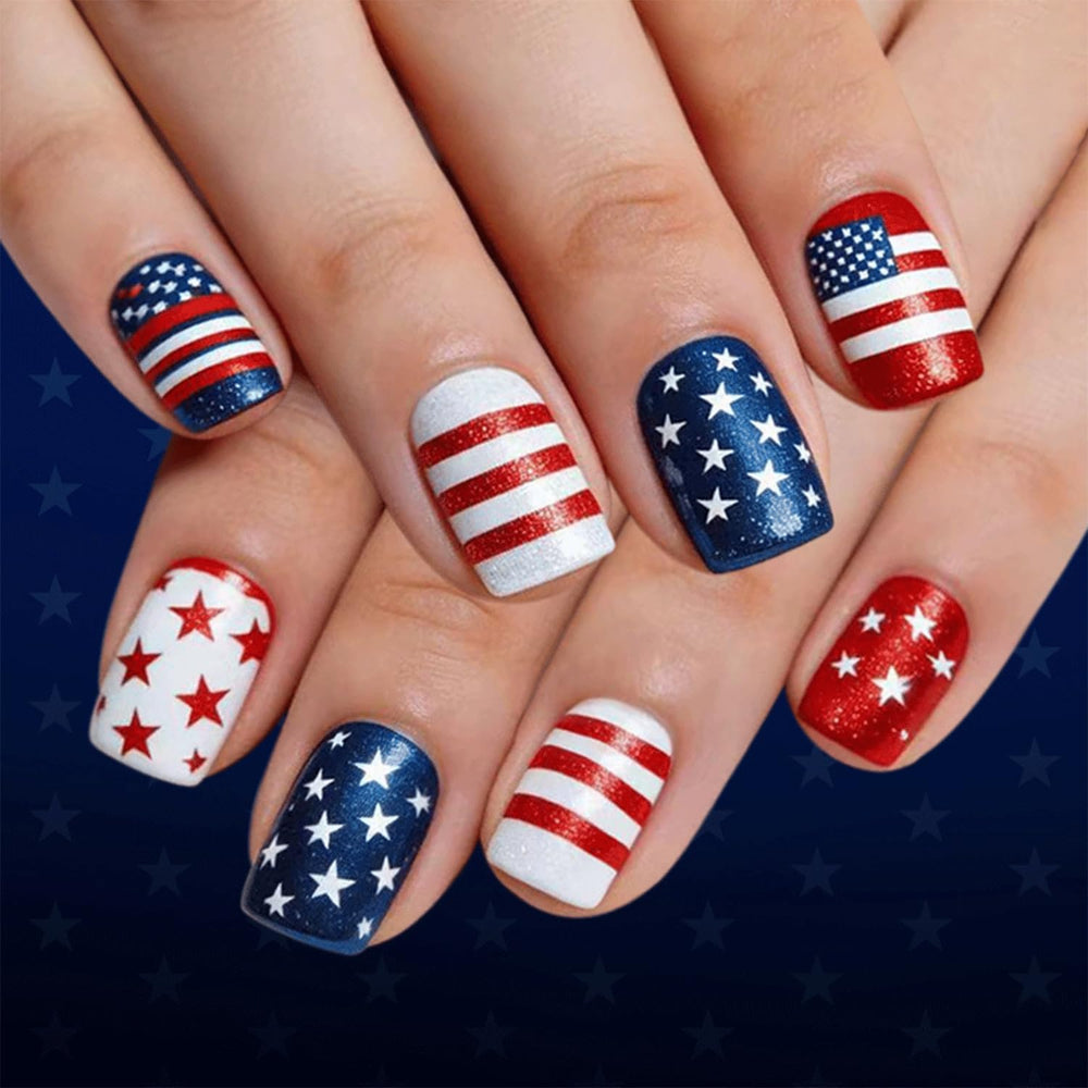 Spebozy front packaging showing 24 patriotic press-on nails and tools for quick styling
