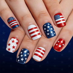 Spebozy front packaging showing 24 patriotic press-on nails and tools for quick styling