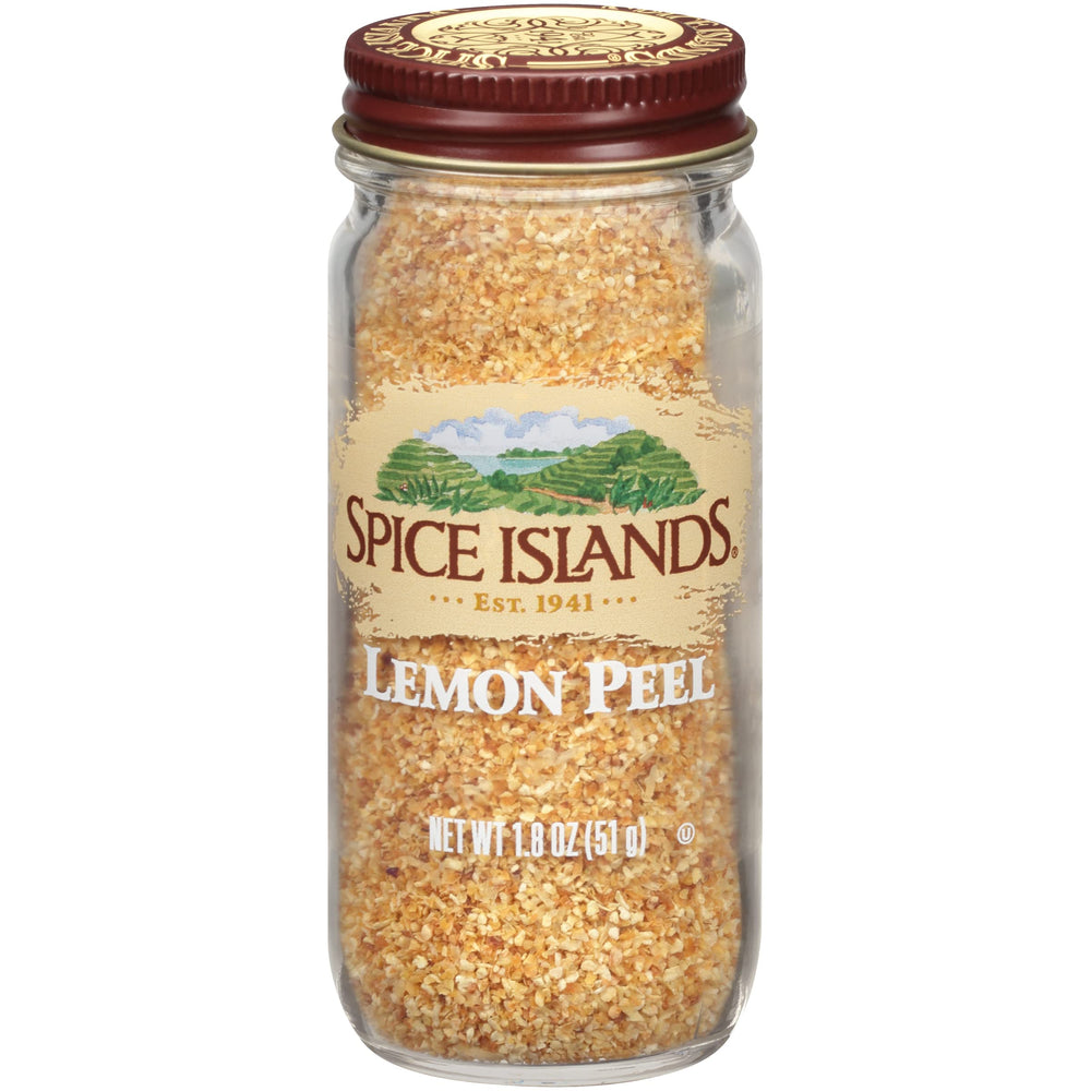 Spice Islands jar front view showing label and sealed lid, clear citrus benefit