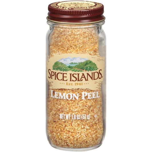 Spice Islands jar front view showing label and sealed lid, clear citrus benefit