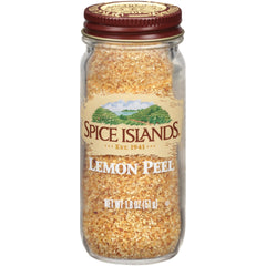 Spice Islands jar front view showing label and sealed lid, clear citrus benefit
