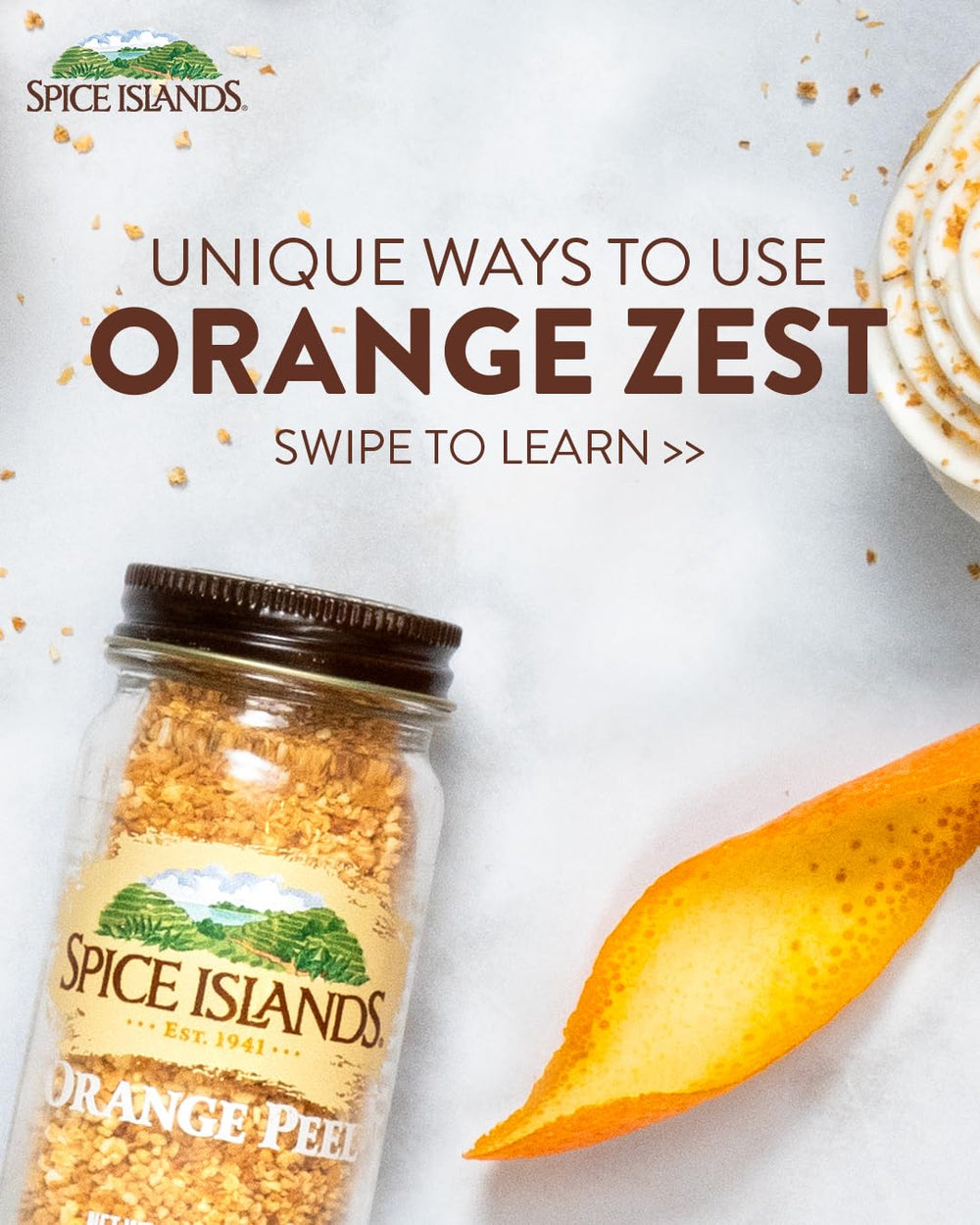Spice Islands close-up of dried orange peel texture for intense citrus flavor