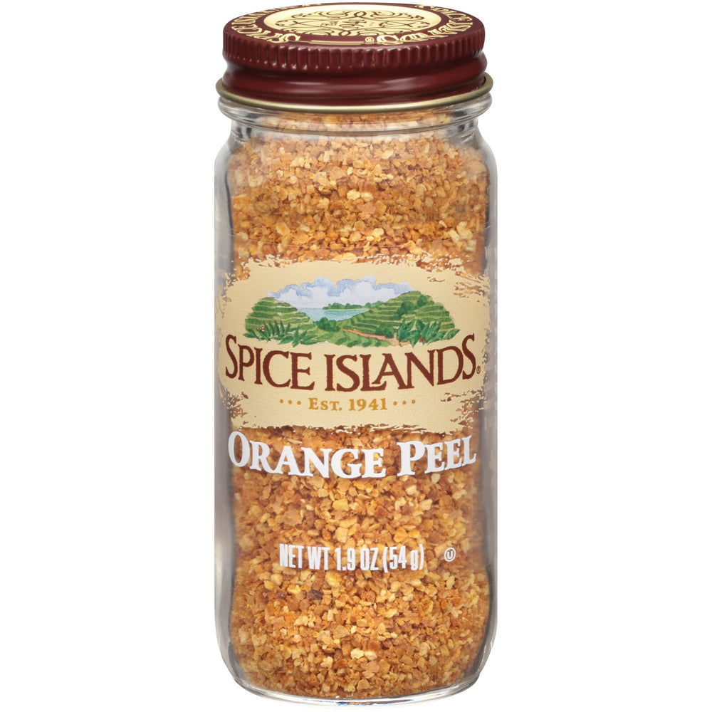 Spice Islands jar front label showing orange peel and product benefit aroma