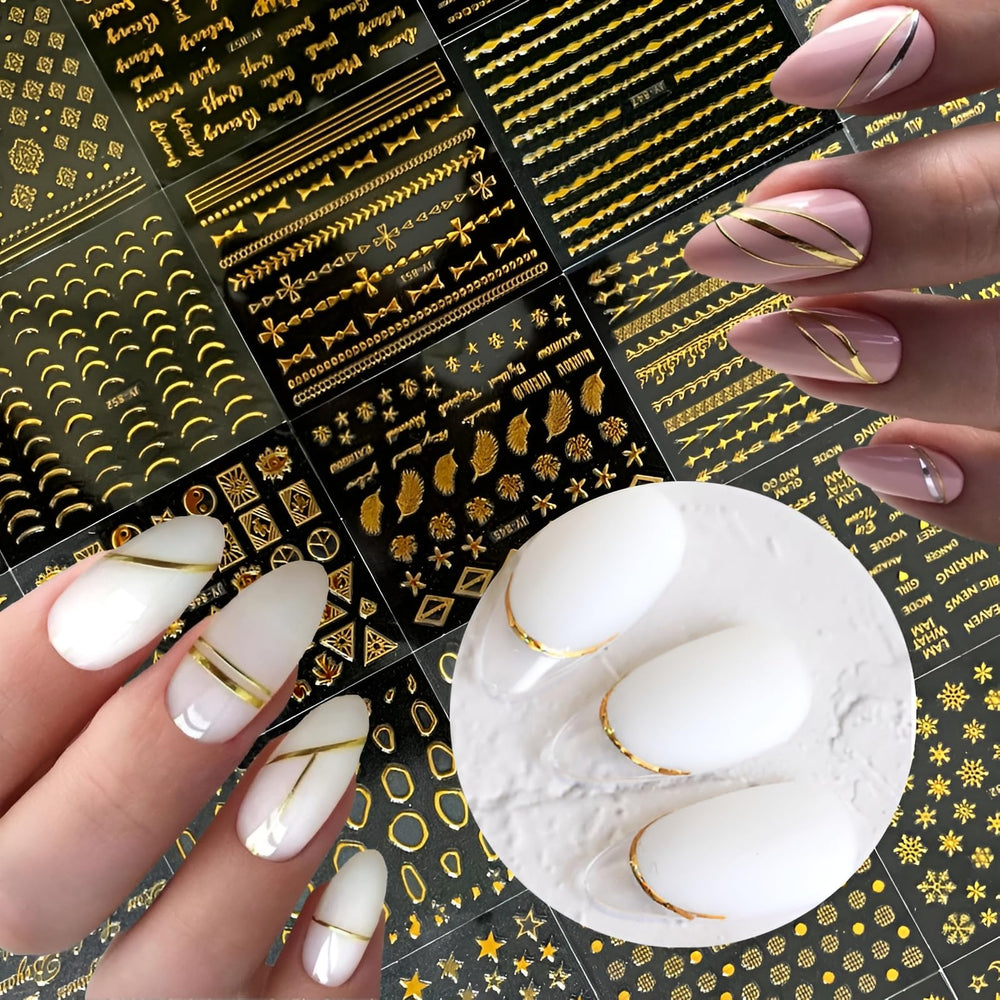 SPLOCUDU gold sticker on acrylic nail showing reflective texture and shine