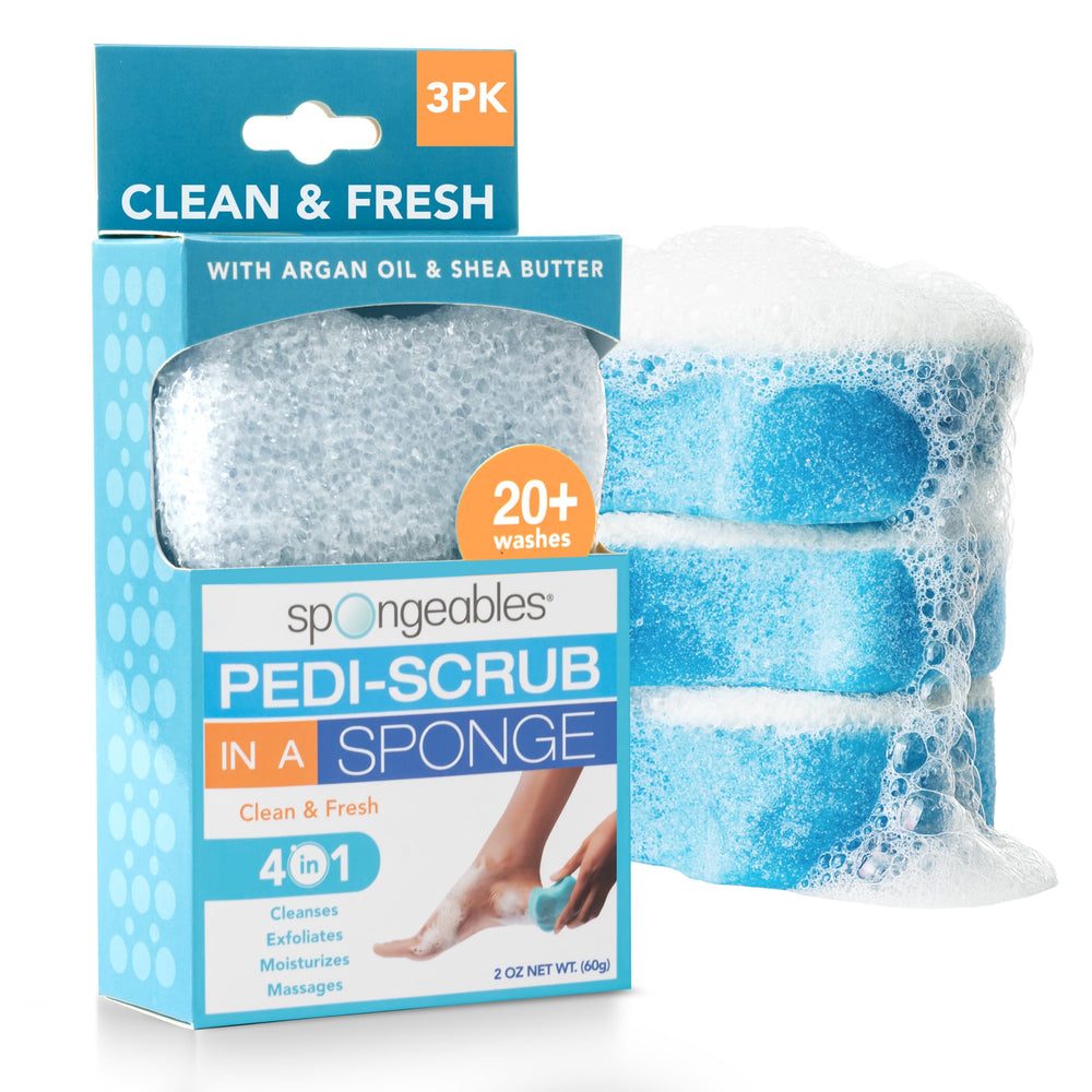Spongeables front packaging showing three Clean & Fresh Pedi Scrub sponges and benefits