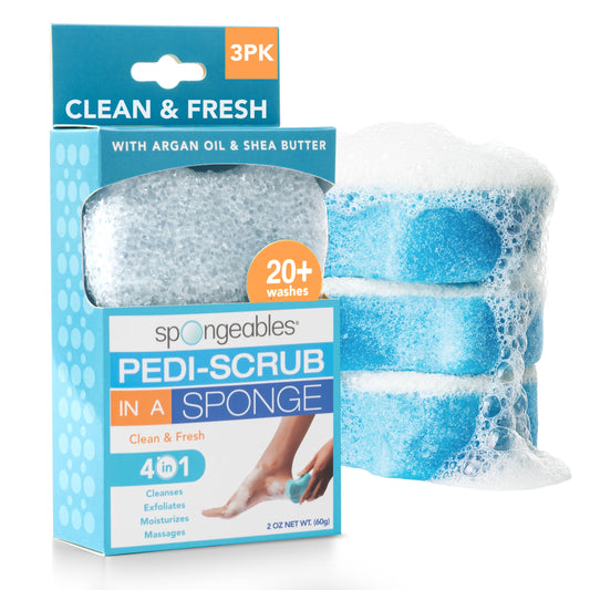 Spongeables front packaging showing three Clean & Fresh Pedi Scrub sponges and benefits