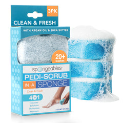 Spongeables front packaging showing three Clean & Fresh Pedi Scrub sponges and benefits