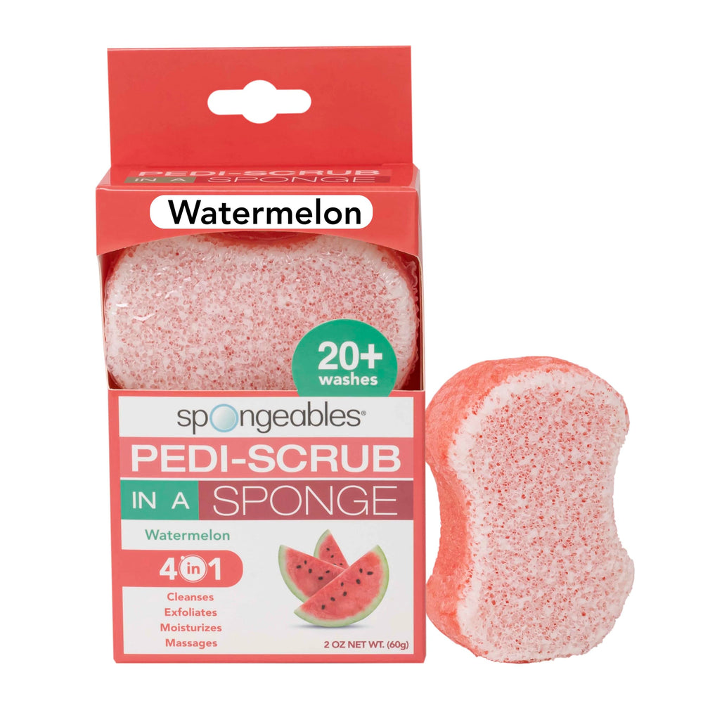 Spongeables Pedi Scrub front view showing watermelon scent and easy-use benefit