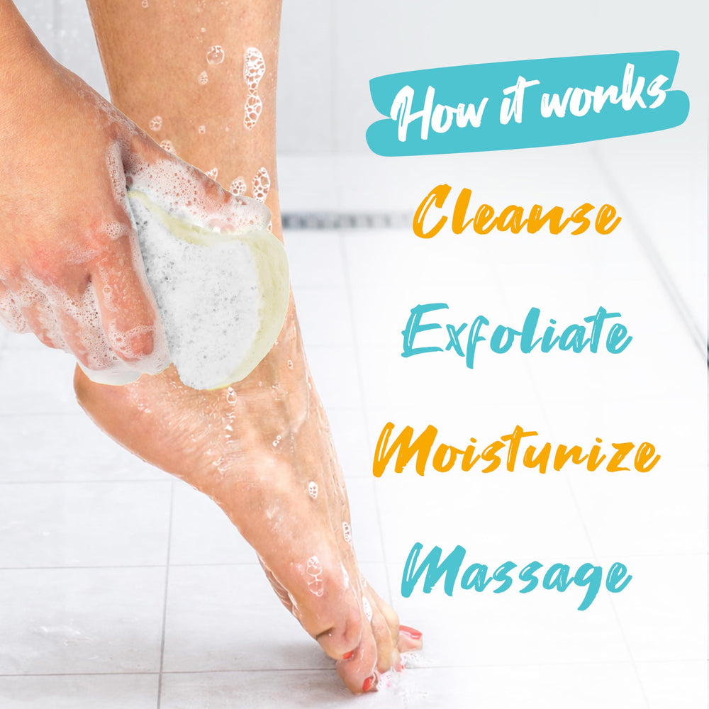 Spongeables being used on a foot delivering exfoliation and softening