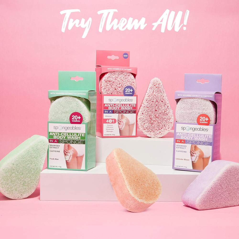 Three Spongeables sponges neatly packed in toiletry bag for tidy travel storage