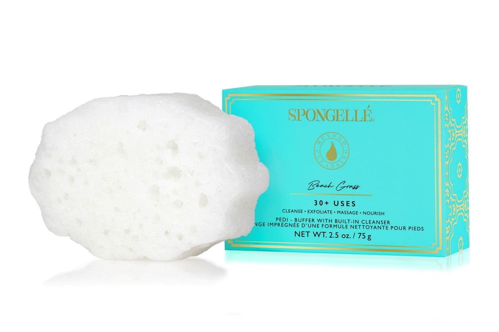 SPONGELLÉ pedi buffer front packaging showing product benefit of exfoliating