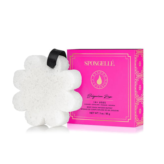 SPONGELLÉ front packaging showing boxed flower sponge and rose scent benefit