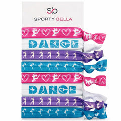 Sportybella front packaging showing the 8-piece dance hair tie set and gift appeal