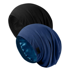 Srevela bonnet front view showing black and deep blue pair, protects hair overnight