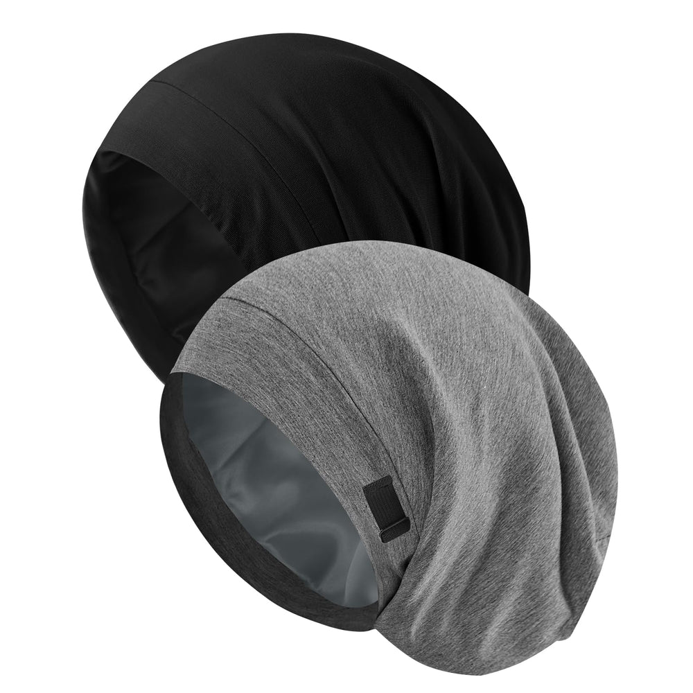 Srevela front view of two bonnets showing the set and colors, protecting hair overnight