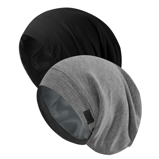 Srevela front view of two bonnets showing the set and colors, protecting hair overnight