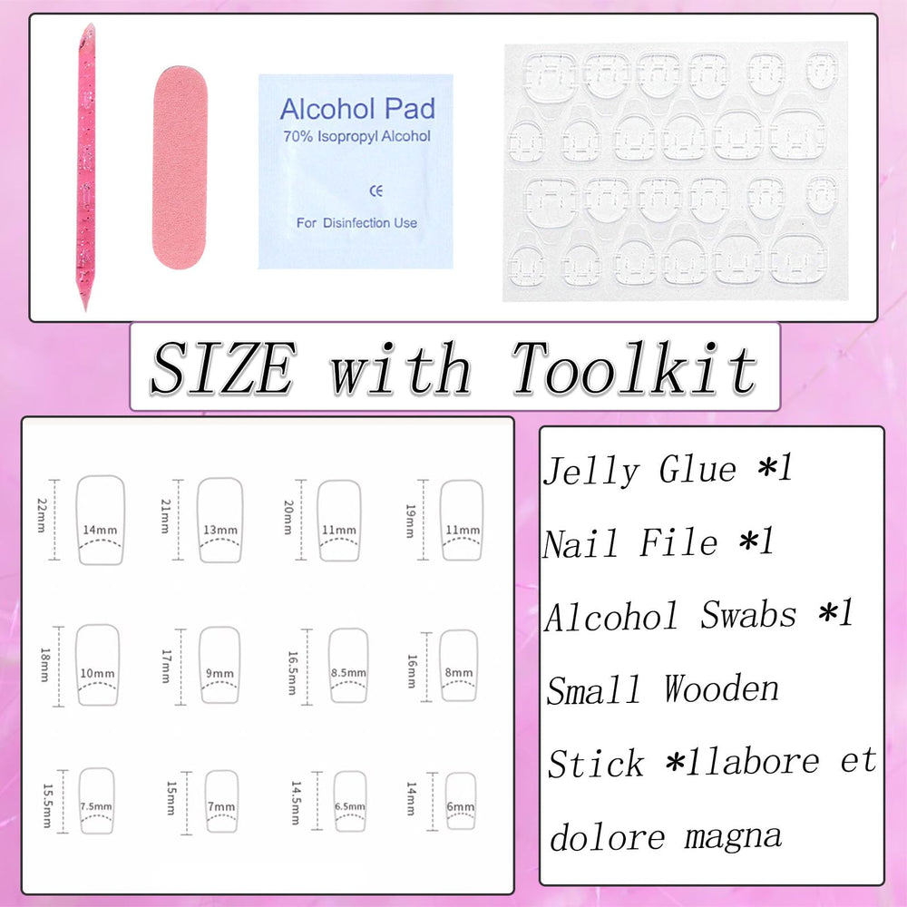 SRIMNUYY box contents spread showing all 24 nails, alcohol pad, file, stick and glue pods