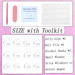 SRIMNUYY box contents spread showing all 24 nails, alcohol pad, file, stick and glue pods