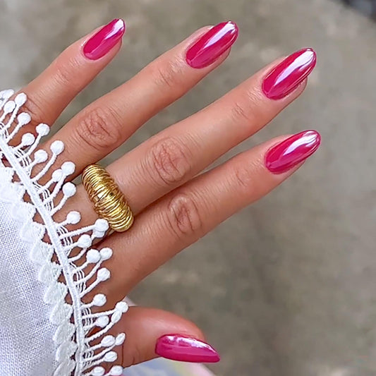 SRIMNUYY front packaging showing rose red chrome nails and included tools for quick use