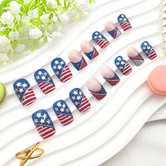 SRIMNUYY model hand wearing medium square patriotic nails showing finished look and confidence