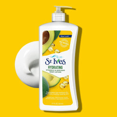 St. Ives bottle beside avocado halves highlighting natural oils benefit