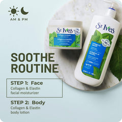 St. Ives bottle in hand showing 20.28 oz scale and long-lasting supply benefit