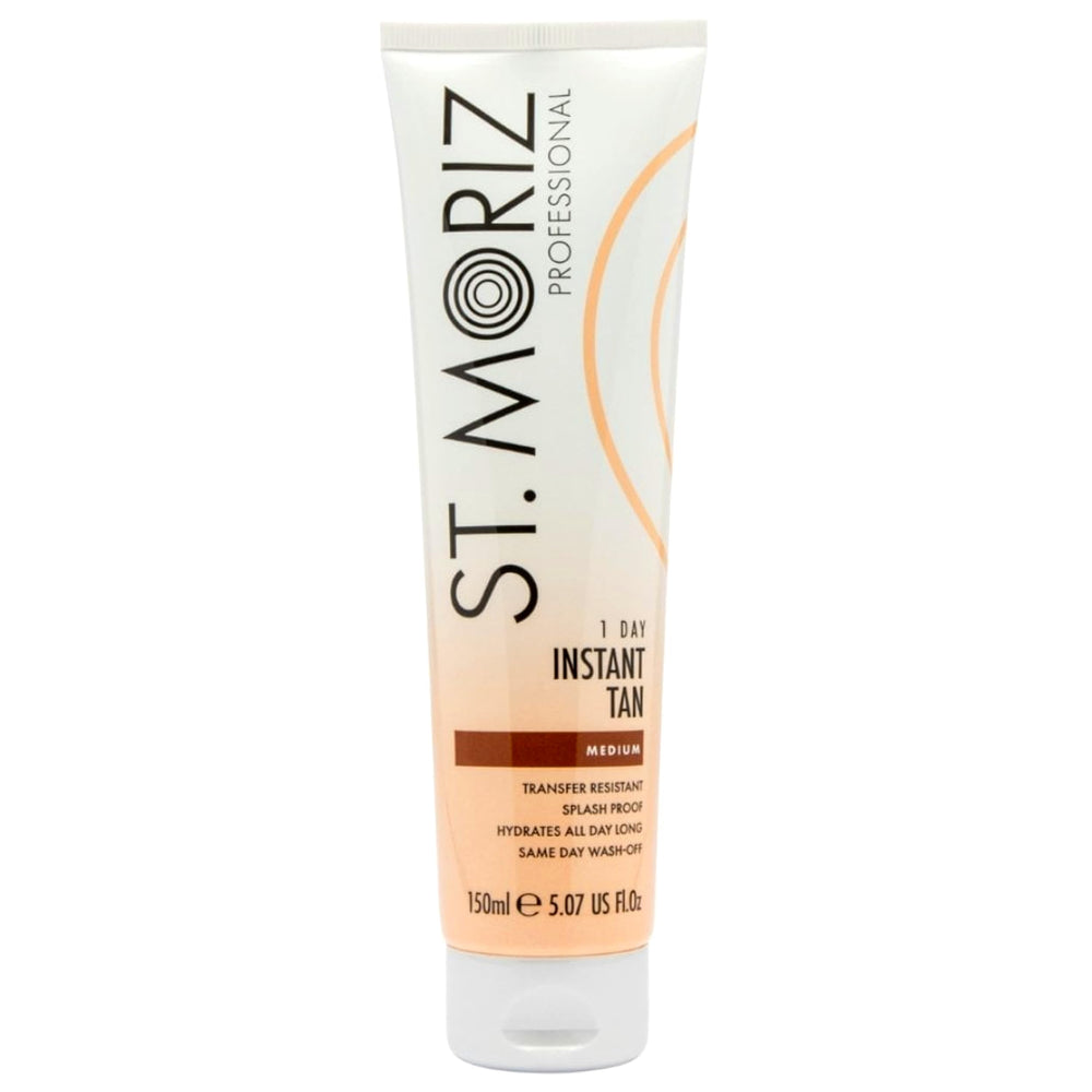 ST. MORIZ bottle front view showing compact 150ml size and instant bronze benefit