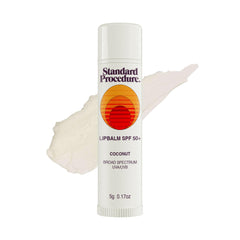 Standard Procedure lip balm front tube showing SPF 50+ protection and compact design