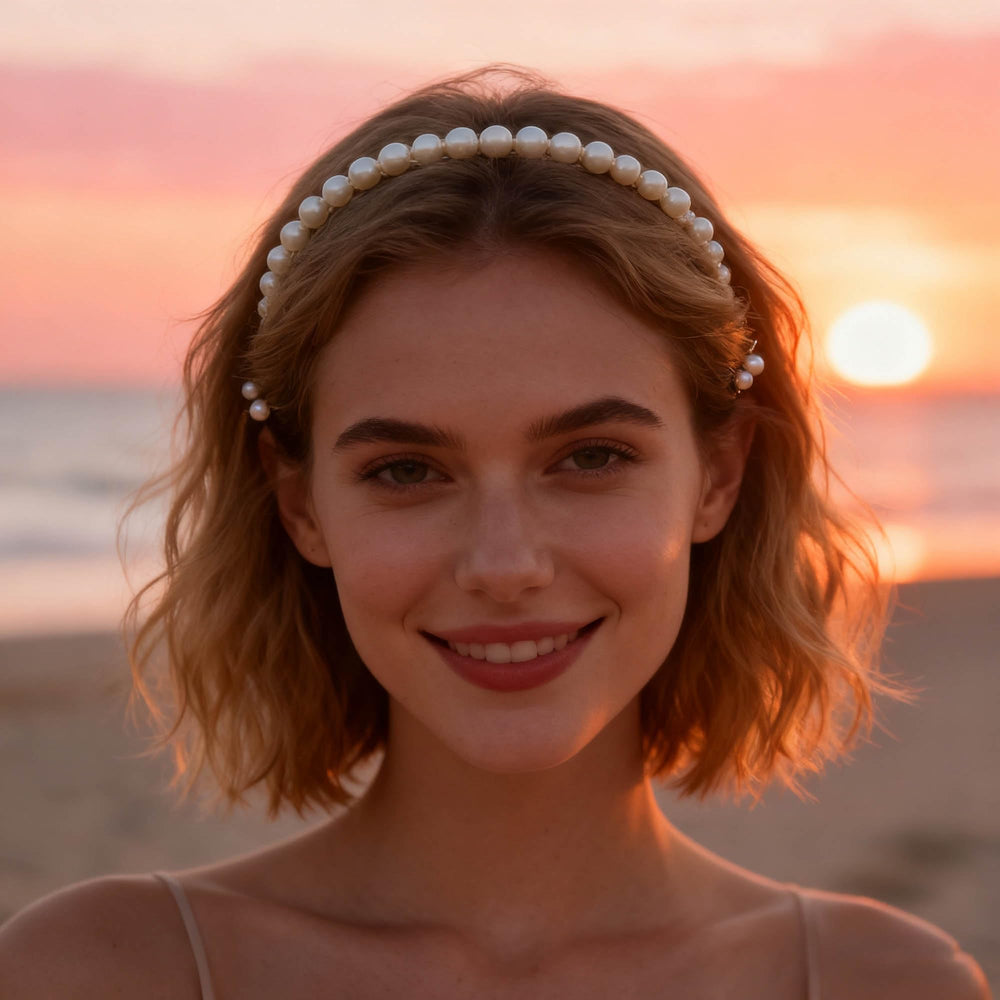 STANETCO model wearing pearl headband with evening attire showing elevated accessory benefit