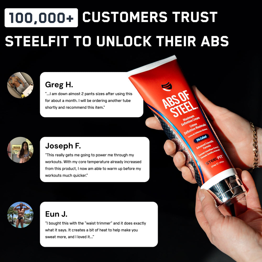 SteelFit ingredient label close-up showing CoAxel, L-Carnitine and caffeine benefits