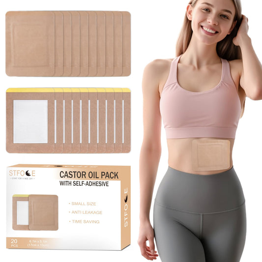 STFOCE front packaging showing 20 disposable castor oil wraps and benefits