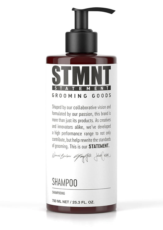 STMNT shampoo front bottle showing label and size, clear branding and benefit
