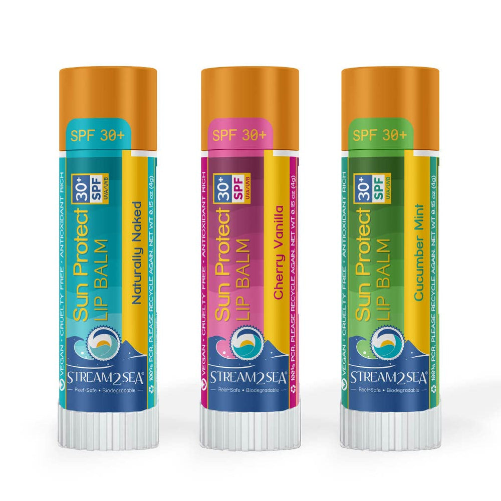 STREAM 2 SEA front packaging showing three SPF 30 sticks and eco message